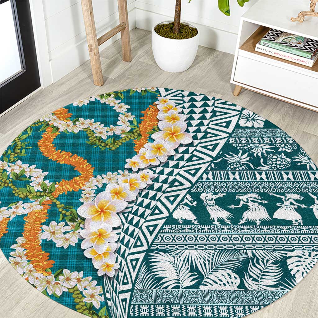 Hawaiian Plumeria Lei Round Carpet Kakau Motifs and Palaka Half Style Turquoise Color - Polynesian Pride