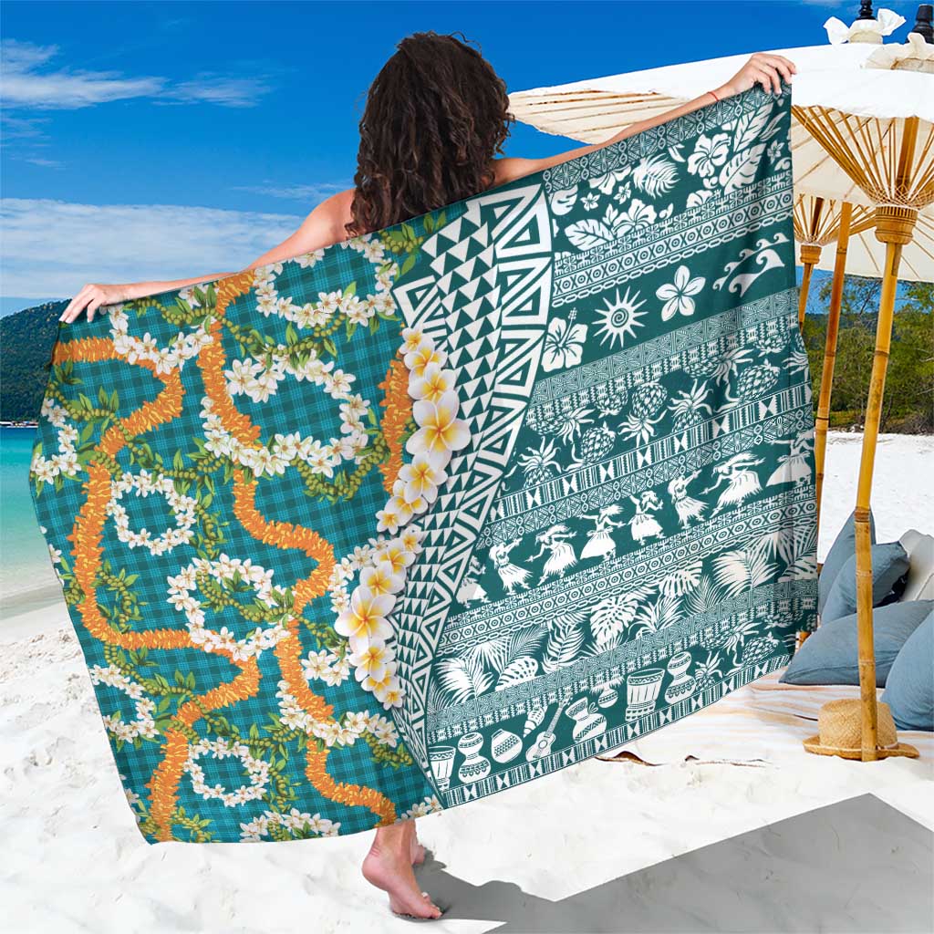 Hawaiian Plumeria Lei Sarong Kakau Motifs and Palaka Half Style Turquoise Color - Polynesian Pride