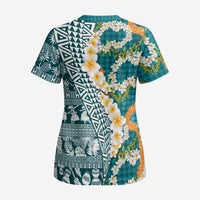 Hawaiian Plumeria Lei Scrub Top Kakau Motifs and Palaka Half Style Turquoise Color LT03 - Polynesian Pride