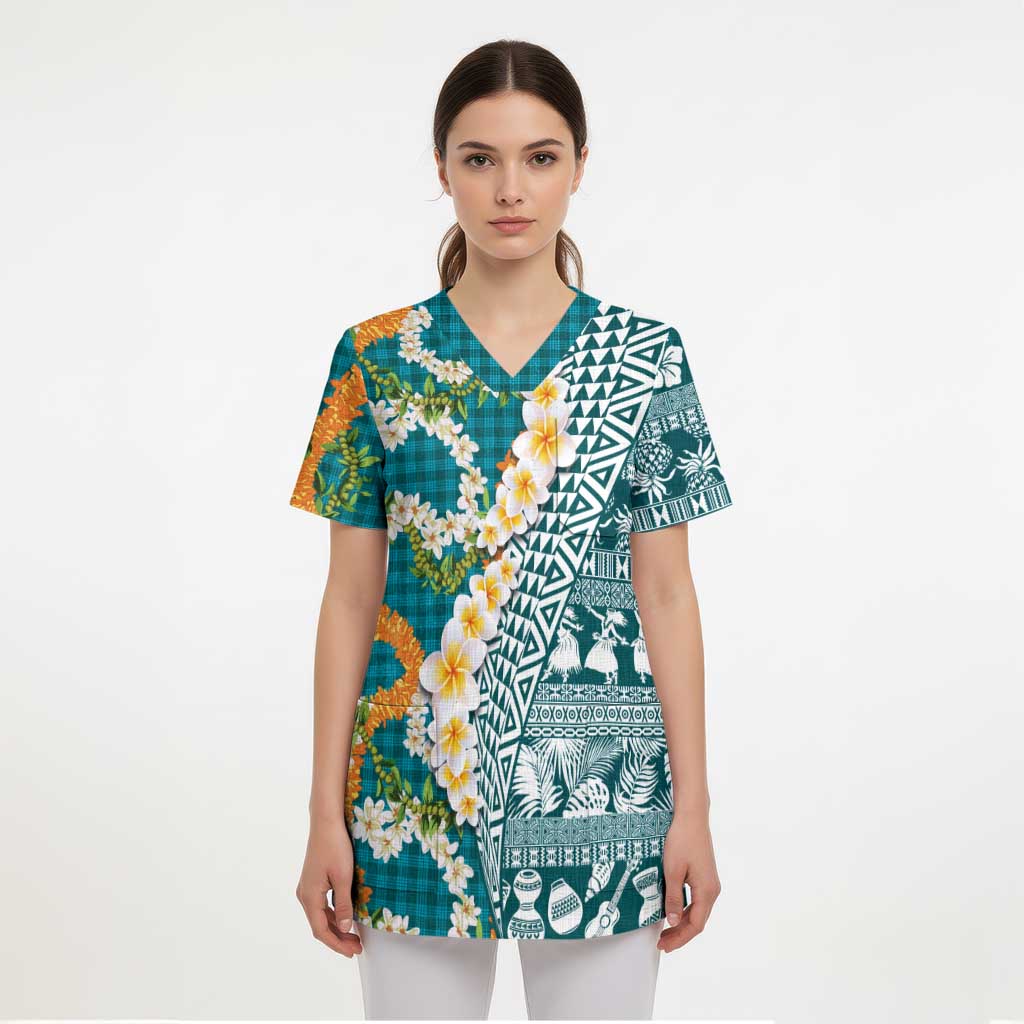 Hawaiian Plumeria Lei Scrub Top Kakau Motifs and Palaka Half Style Turquoise Color LT03 - Polynesian Pride