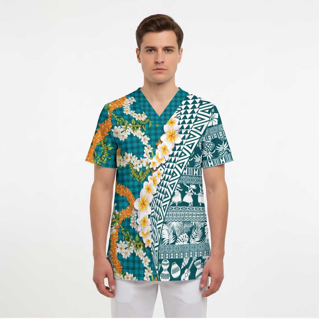 Hawaiian Plumeria Lei Scrub Top Kakau Motifs and Palaka Half Style Turquoise Color LT03 - Polynesian Pride