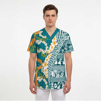 Hawaiian Plumeria Lei Scrub Top Kakau Motifs and Palaka Half Style Turquoise Color LT03 - Polynesian Pride