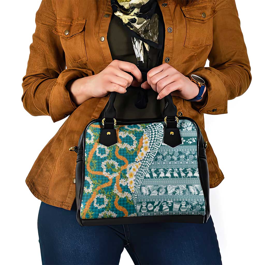 Hawaiian Plumeria Lei Shoulder Handbag Kakau Motifs and Palaka Half Style Turquoise Color - Polynesian Pride