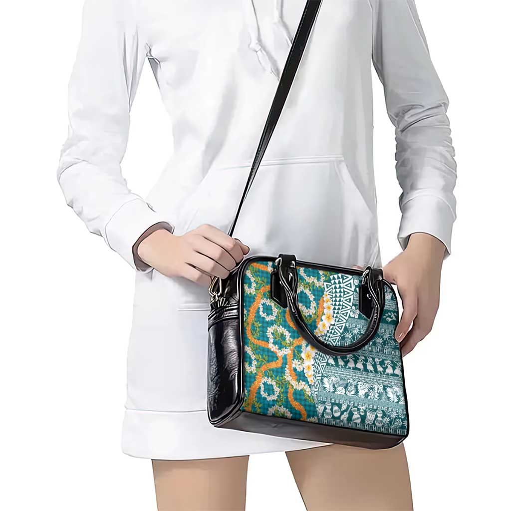 Hawaiian Plumeria Lei Shoulder Handbag Kakau Motifs and Palaka Half Style Turquoise Color - Polynesian Pride