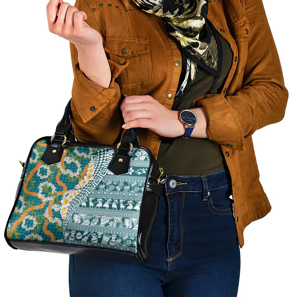 Hawaiian Plumeria Lei Shoulder Handbag Kakau Motifs and Palaka Half Style Turquoise Color - Polynesian Pride