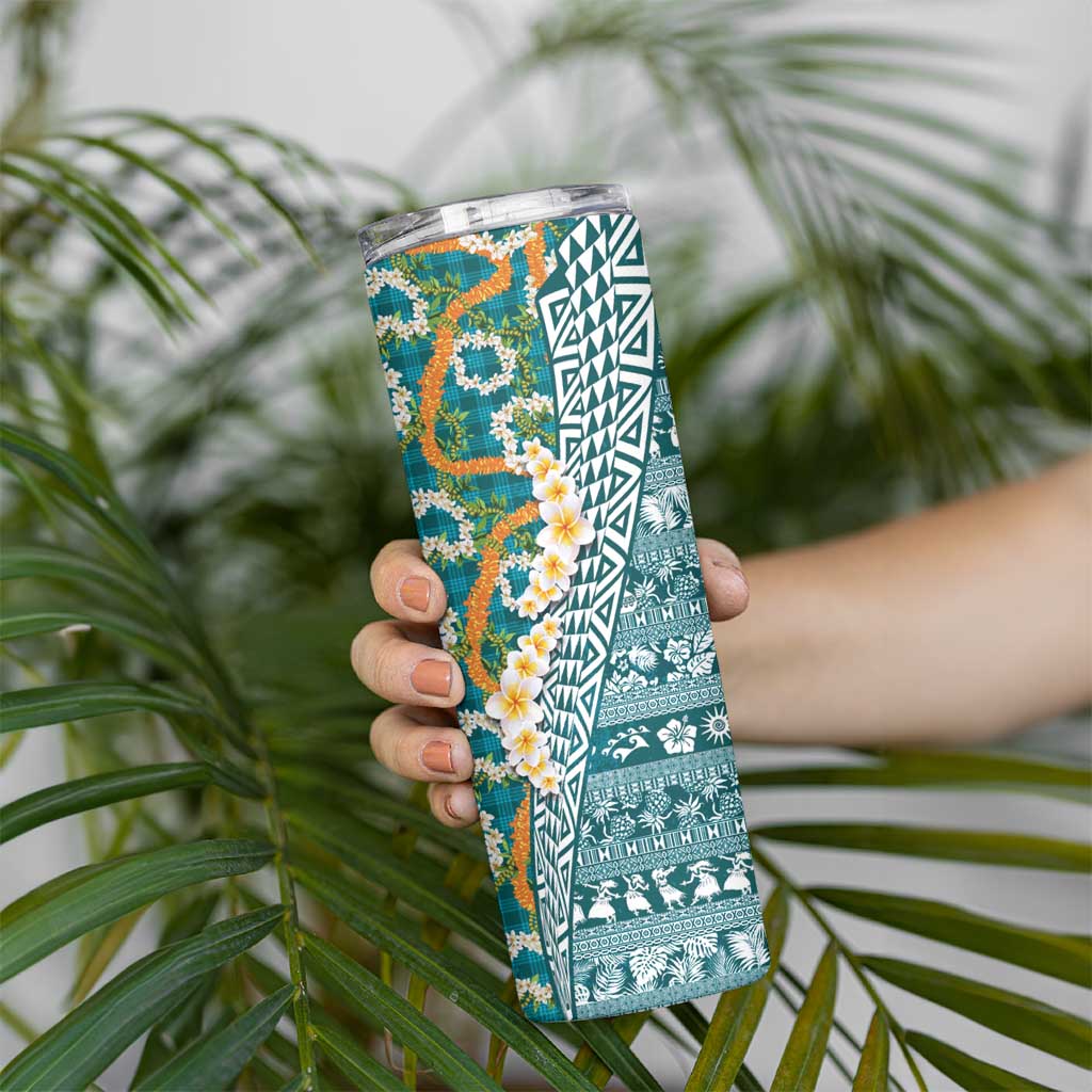 Hawaiian Plumeria Lei Skinny Tumbler Kakau Motifs and Palaka Half Style Turquoise Color - Polynesian Pride