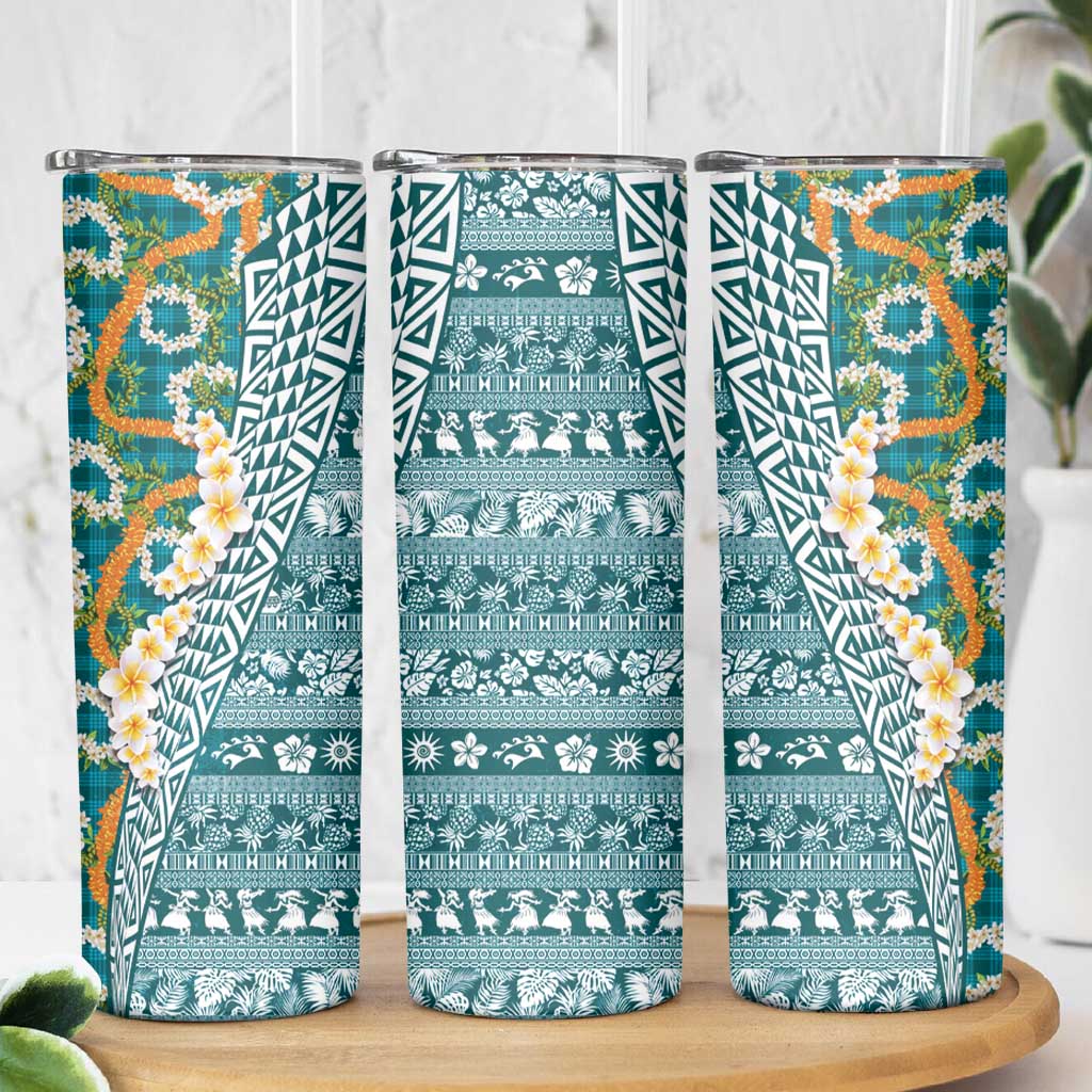 Hawaiian Plumeria Lei Skinny Tumbler Kakau Motifs and Palaka Half Style Turquoise Color - Polynesian Pride