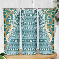 Hawaiian Plumeria Lei Skinny Tumbler Kakau Motifs and Palaka Half Style Turquoise Color - Polynesian Pride