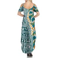 Hawaiian Plumeria Lei Summer Maxi Dress Kakau Motifs and Palaka Half Style Turquoise Color - Polynesian Pride