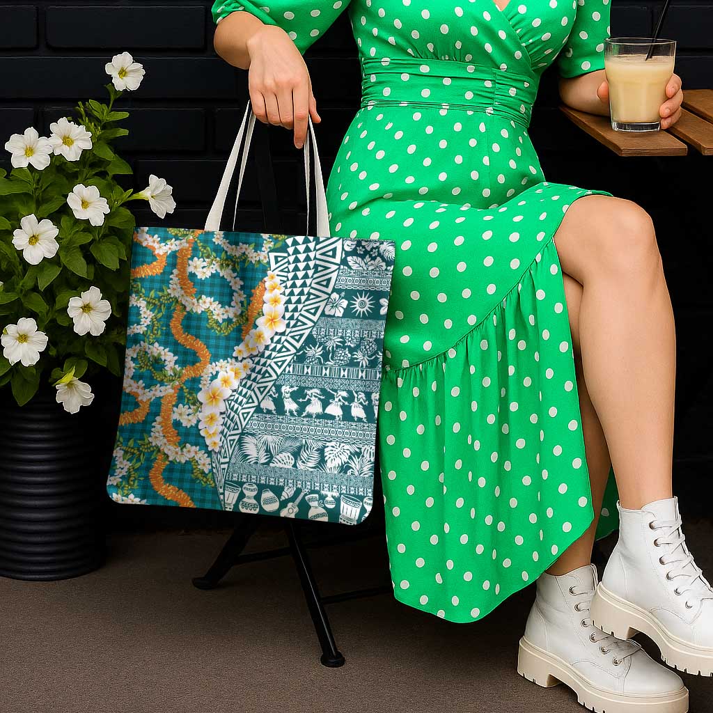 Hawaiian Plumeria Lei Tote Bag Kakau Motifs and Palaka Half Style Turquoise Color LT03 - Polynesian Pride