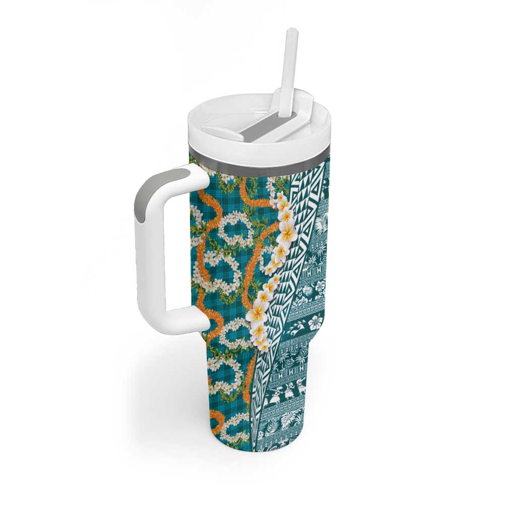 Hawaiian Plumeria Lei Tumbler With Handle Kakau Motifs and Palaka Half Style Turquoise Color LT03 - Polynesian Pride