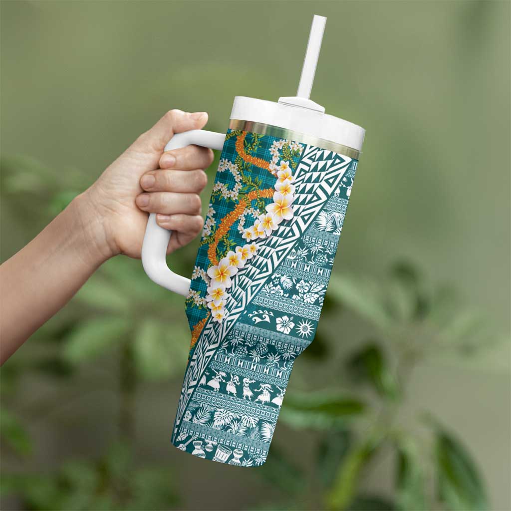 Hawaiian Plumeria Lei Tumbler With Handle Kakau Motifs and Palaka Half Style Turquoise Color LT03 - Polynesian Pride