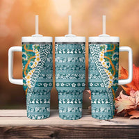 Hawaiian Plumeria Lei Tumbler With Handle Kakau Motifs and Palaka Half Style Turquoise Color LT03 - Polynesian Pride
