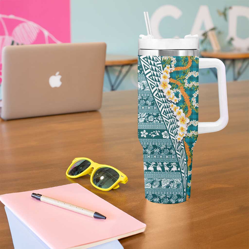 Hawaiian Plumeria Lei Tumbler With Handle Kakau Motifs and Palaka Half Style Turquoise Color LT03 - Polynesian Pride