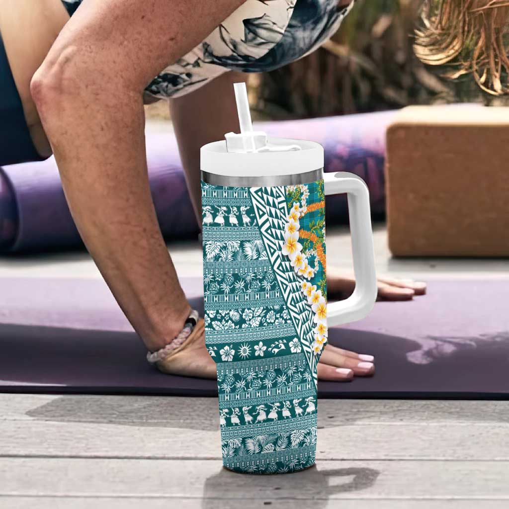 Hawaiian Plumeria Lei Tumbler With Handle Kakau Motifs and Palaka Half Style Turquoise Color LT03 - Polynesian Pride