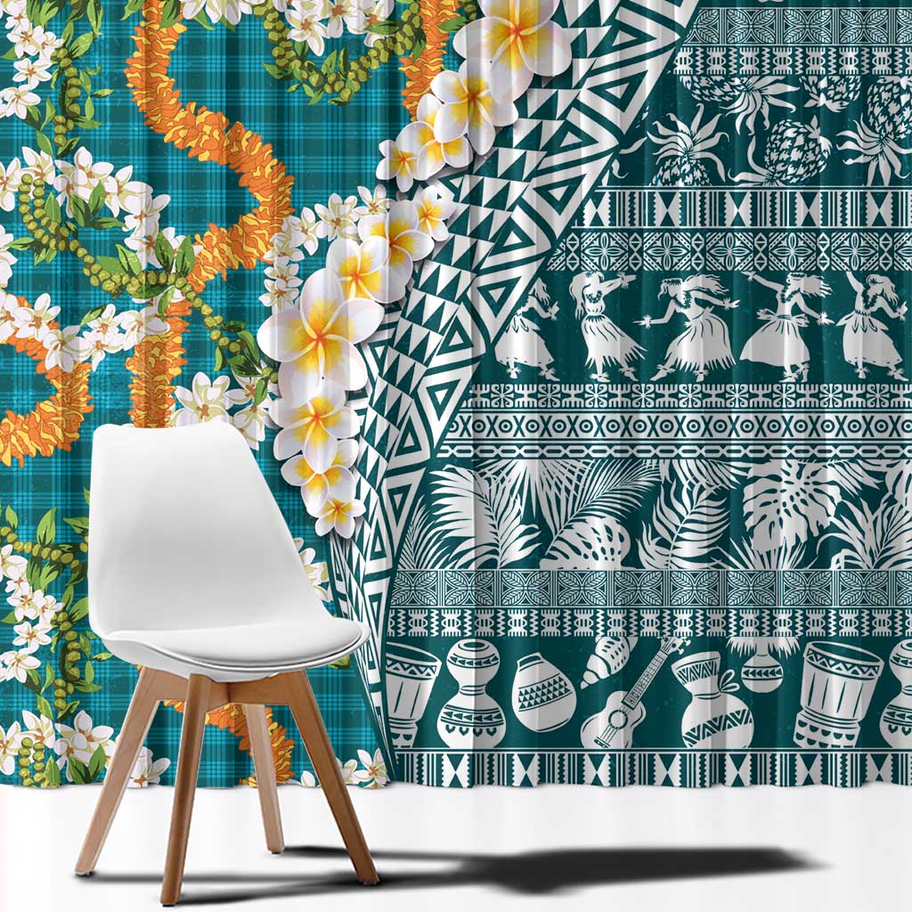 Hawaiian Plumeria Lei Window Curtain Kakau Motifs and Palaka Half Style Turquoise Color - Polynesian Pride