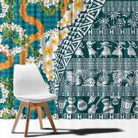 Hawaiian Plumeria Lei Window Curtain Kakau Motifs and Palaka Half Style Turquoise Color - Polynesian Pride