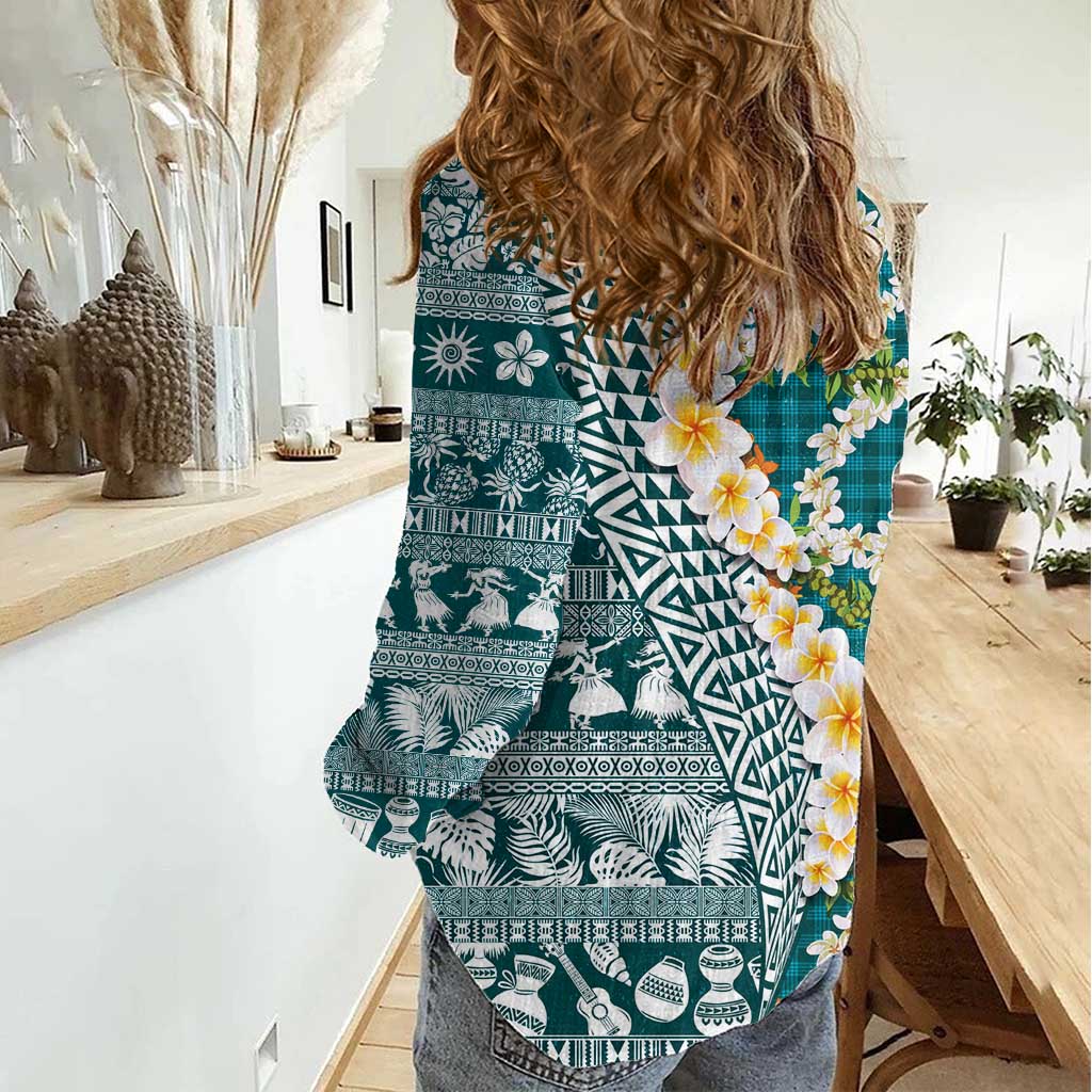 Hawaiian Plumeria Lei Women Casual Shirt Kakau Motifs and Palaka Half Style Turquoise Color - Polynesian Pride