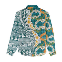 Hawaiian Plumeria Lei Women Casual Shirt Kakau Motifs and Palaka Half Style Turquoise Color - Polynesian Pride