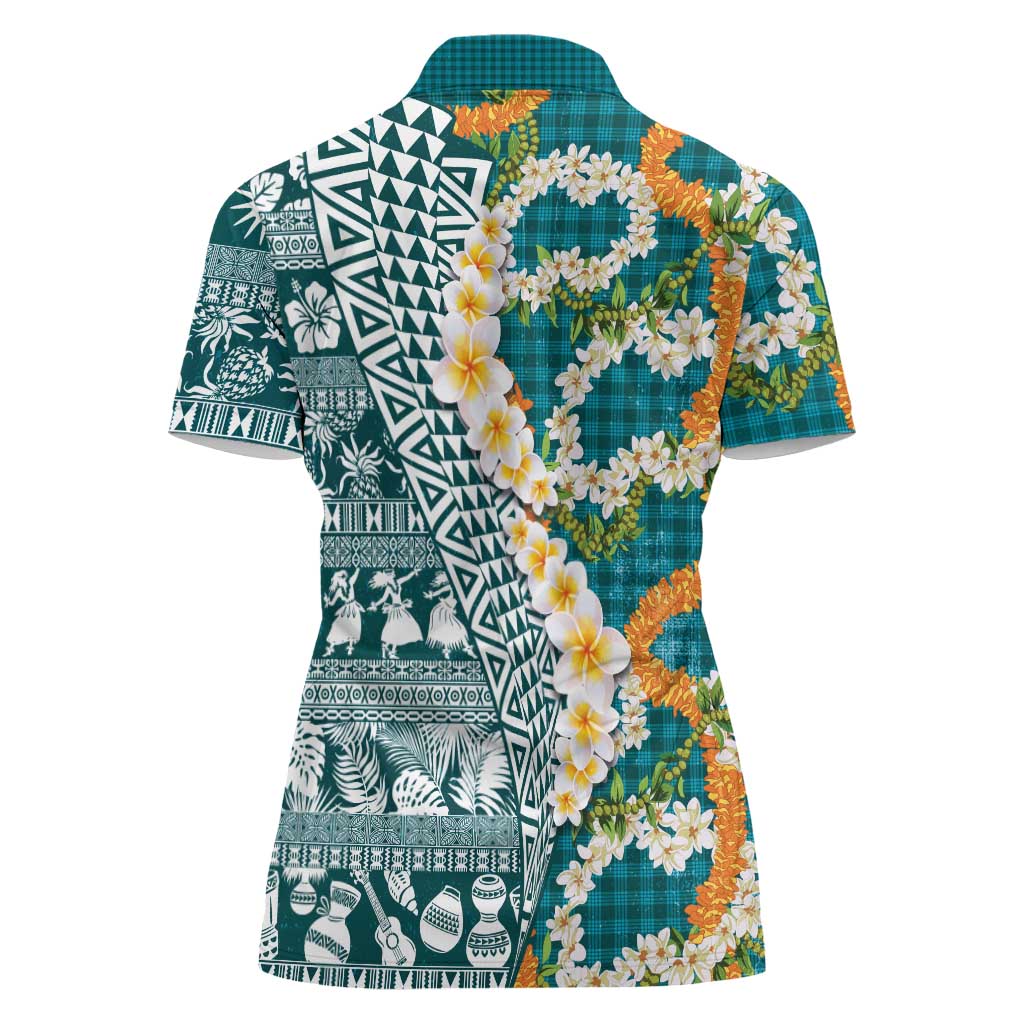 Hawaiian Plumeria Lei Women Polo Shirt Kakau Motifs and Palaka Half Style Turquoise Color - Polynesian Pride