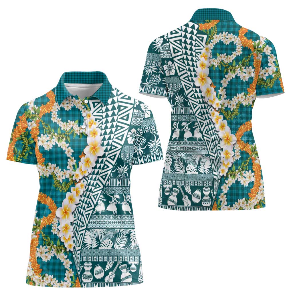 Hawaiian Plumeria Lei Women Polo Shirt Kakau Motifs and Palaka Half Style Turquoise Color - Polynesian Pride
