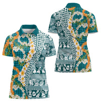 Hawaiian Plumeria Lei Women Polo Shirt Kakau Motifs and Palaka Half Style Turquoise Color - Polynesian Pride