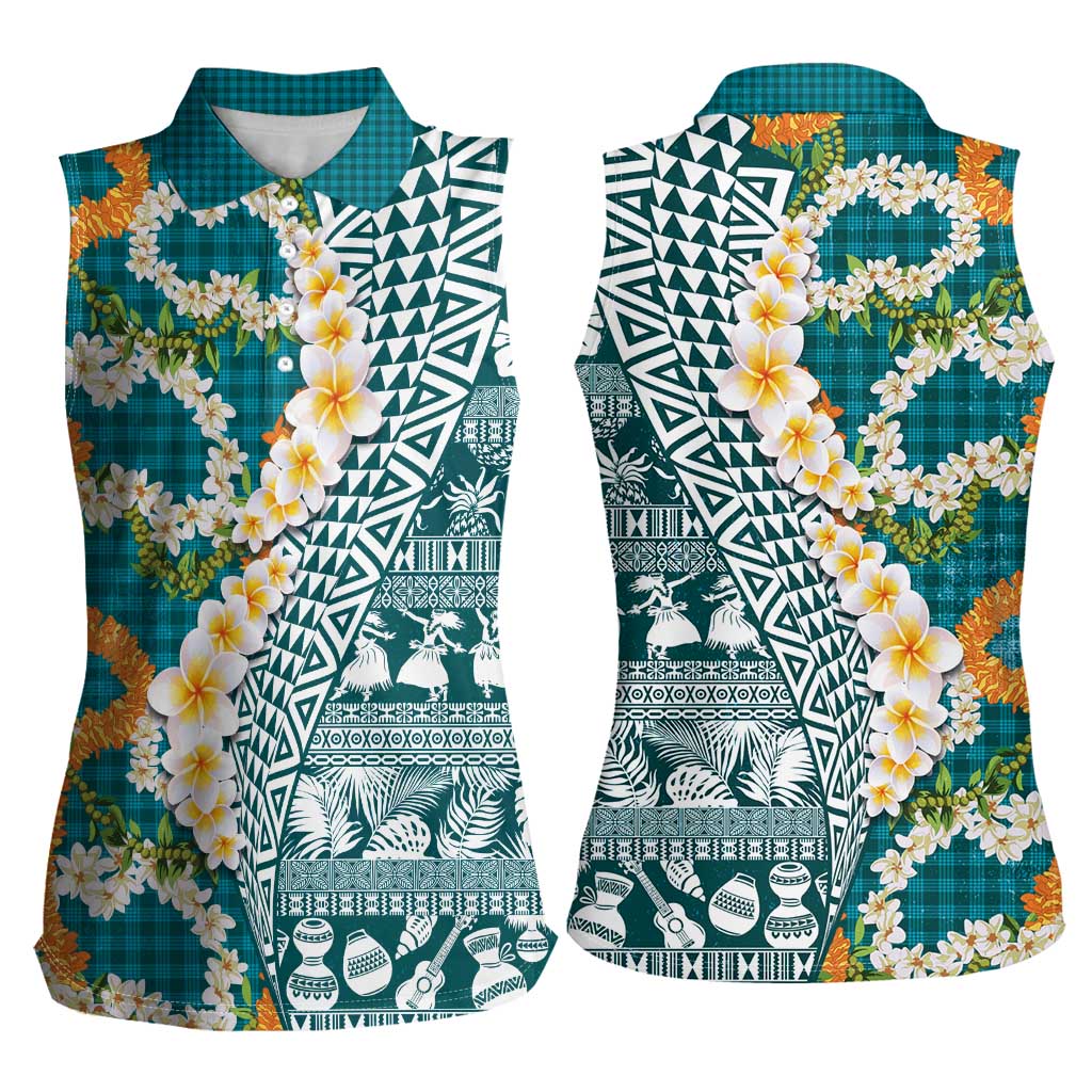 Hawaiian Plumeria Lei Women Sleeveless Polo Shirt Kakau Motifs and Palaka Half Style Turquoise Color - Polynesian Pride