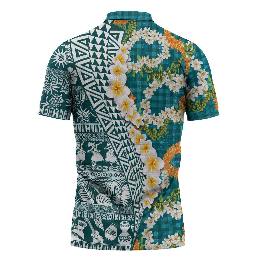 Hawaiian Plumeria Lei Zipper Polo Shirt Kakau Motifs and Palaka Half Style Turquoise Color - Polynesian Pride