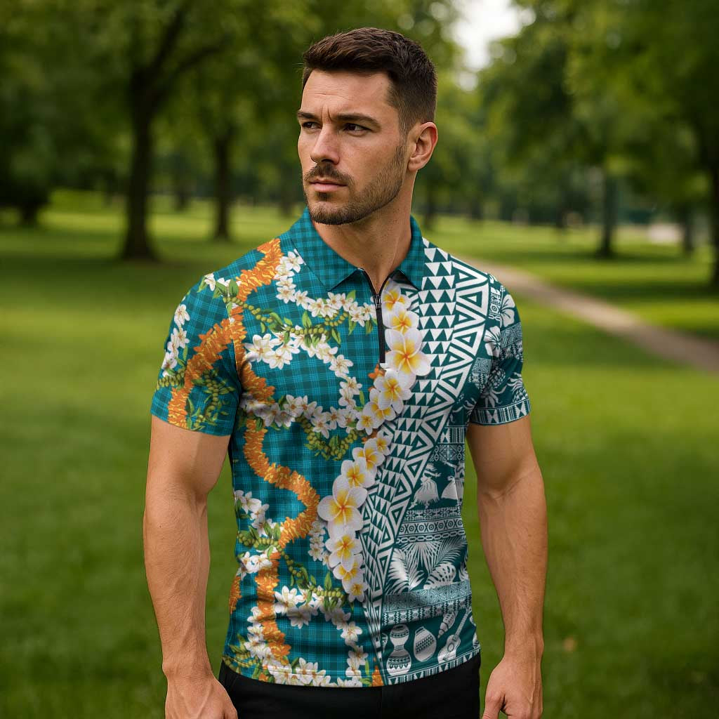 Hawaiian Plumeria Lei Zipper Polo Shirt Kakau Motifs and Palaka Half Style Turquoise Color - Polynesian Pride
