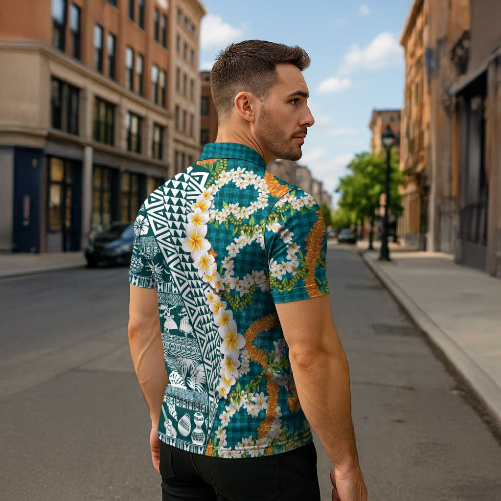 Hawaiian Plumeria Lei Zipper Polo Shirt Kakau Motifs and Palaka Half Style Turquoise Color - Polynesian Pride
