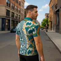 Hawaiian Plumeria Lei Zipper Polo Shirt Kakau Motifs and Palaka Half Style Turquoise Color - Polynesian Pride