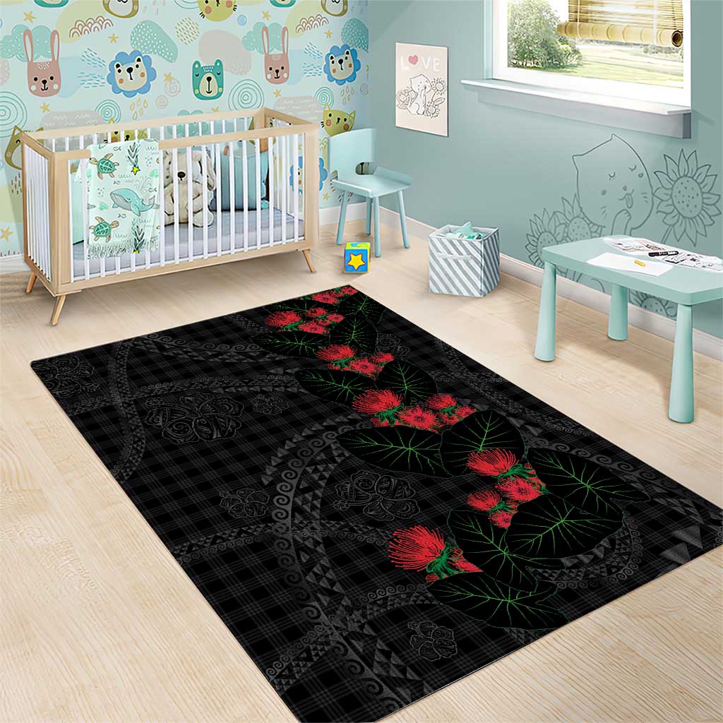Hawaiian Kakau Art Area Rug Taro Leaves with Ohia Lehua and Pakala Pattern - Polynesian Pride