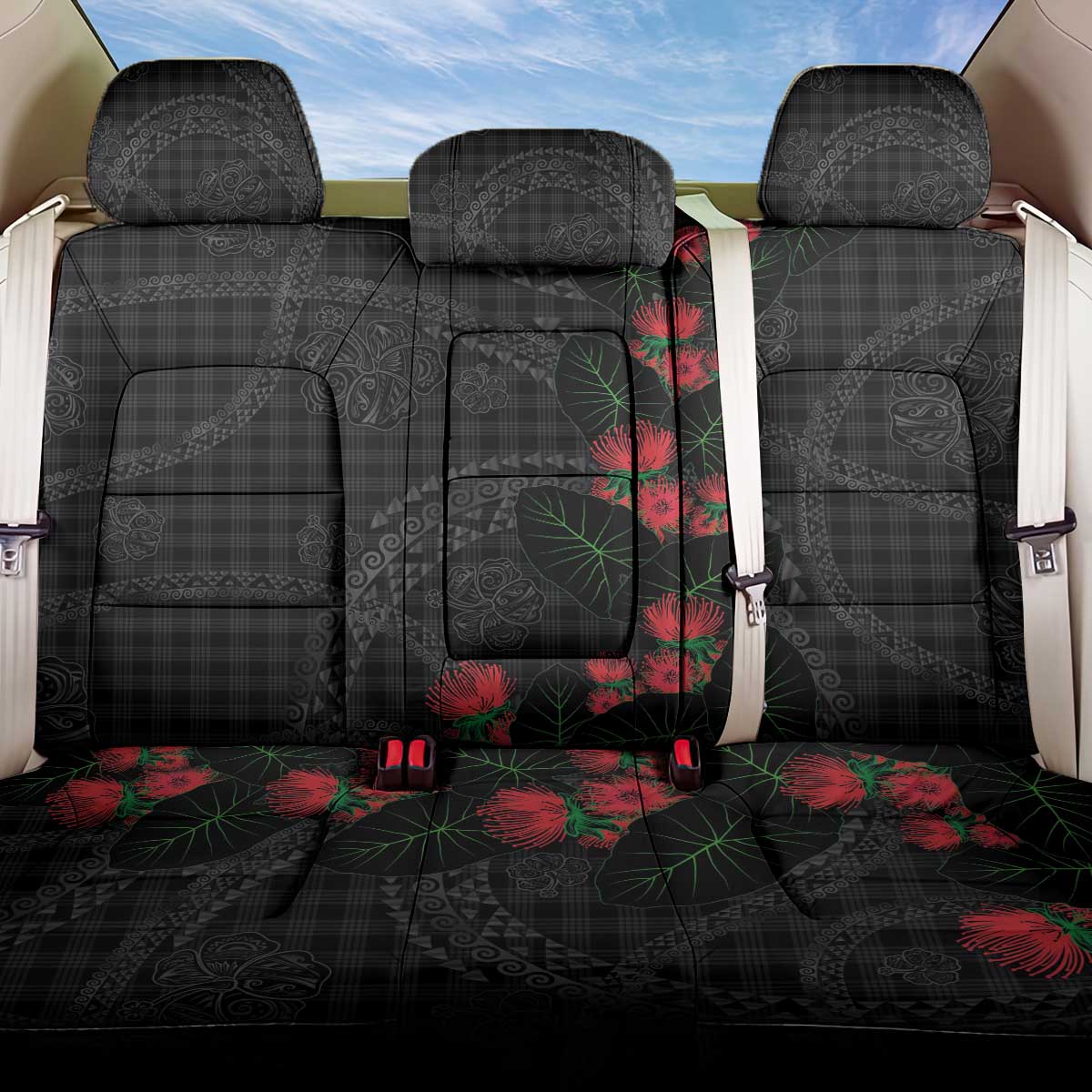 Hawaiian Kakau Art Back Car Seat Cover Taro Leaves with Ohia Lehua and Pakala Pattern - Polynesian Pride