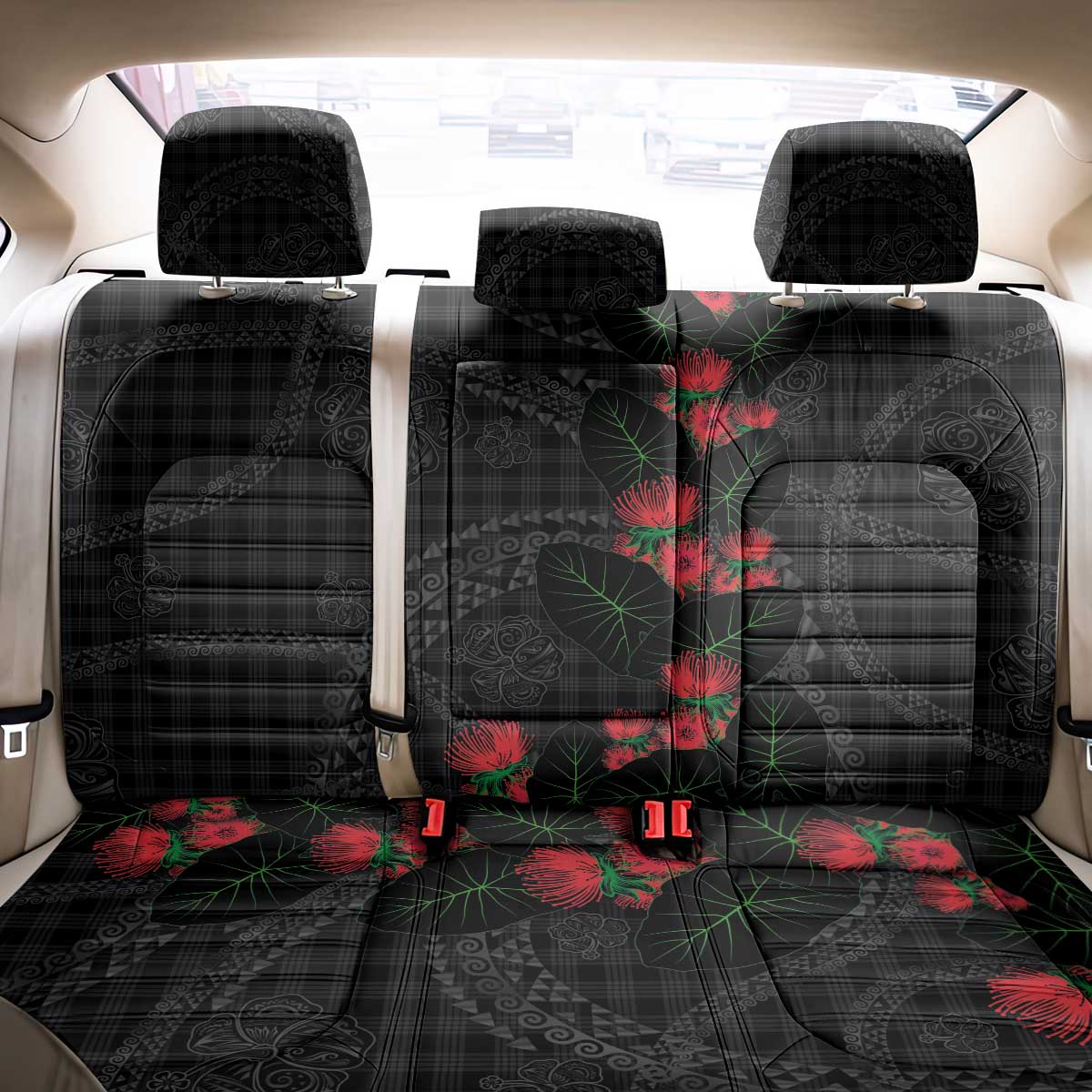 Hawaiian Kakau Art Back Car Seat Cover Taro Leaves with Ohia Lehua and Pakala Pattern LT03 - Polynesian Pride