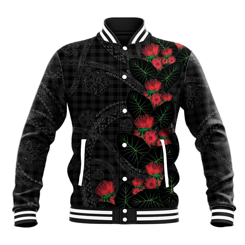 Hawaiian Kakau Art Baseball Jacket Taro Leaves with Ohia Lehua and Pakala Pattern LT03 Unisex Black - Polynesian Pride