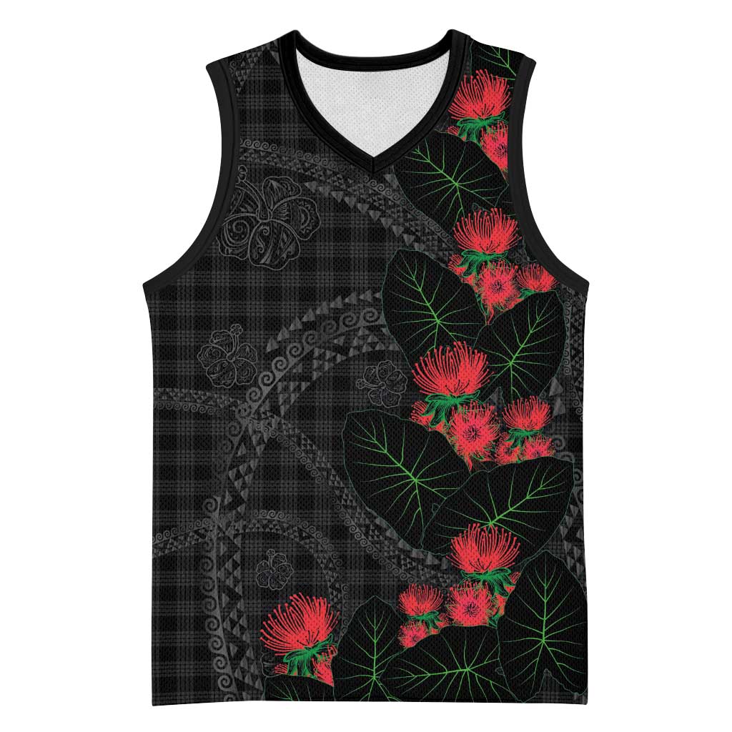 Hawaiian Kakau Art Basketball Jersey Taro Leaves with Ohia Lehua and Pakala Pattern LT03 Unisex Black - Polynesian Pride