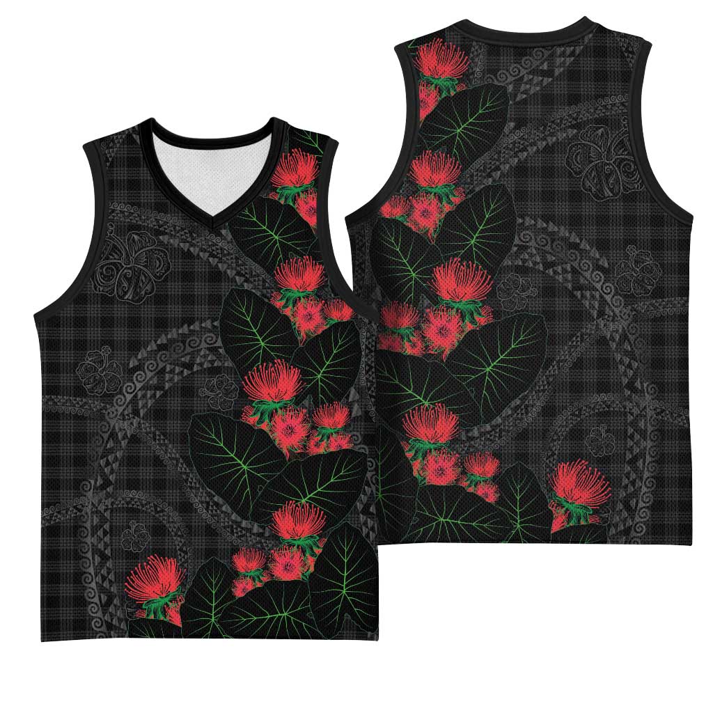 Hawaiian Kakau Art Basketball Jersey Taro Leaves with Ohia Lehua and Pakala Pattern LT03 - Polynesian Pride