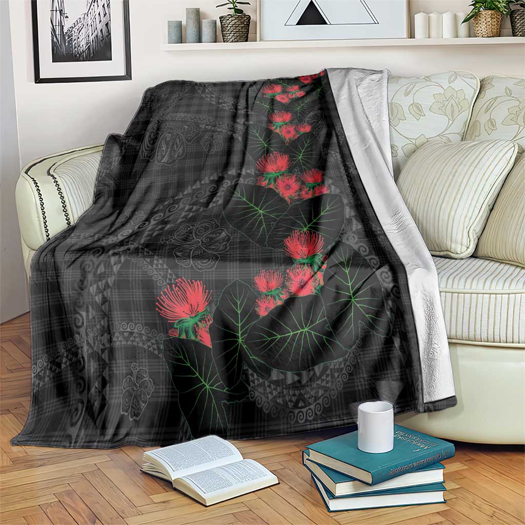 Hawaiian Kakau Art Blanket Taro Leaves with Ohia Lehua and Pakala Pattern LT03 Black - Polynesian Pride
