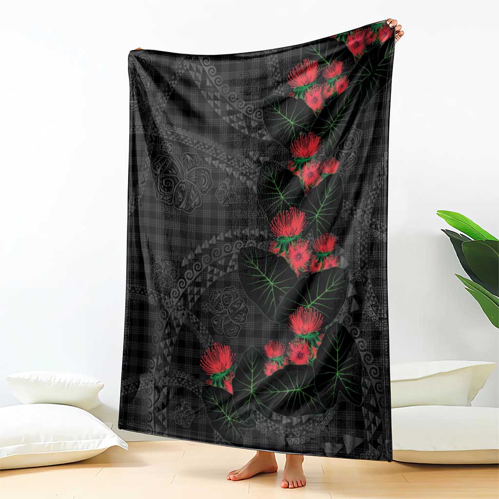 Hawaiian Kakau Art Blanket Taro Leaves with Ohia Lehua and Pakala Pattern LT03 - Polynesian Pride