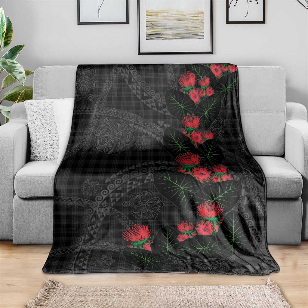 Hawaiian Kakau Art Blanket Taro Leaves with Ohia Lehua and Pakala Pattern LT03 - Polynesian Pride