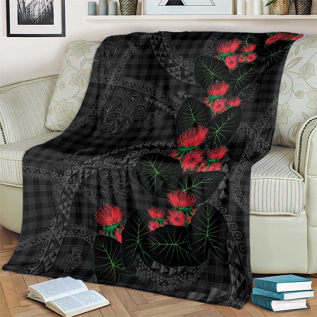 Hawaiian Kakau Art Blanket Taro Leaves with Ohia Lehua and Pakala Pattern LT03 - Polynesian Pride
