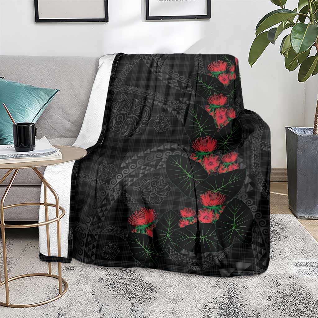 Hawaiian Kakau Art Blanket Taro Leaves with Ohia Lehua and Pakala Pattern LT03 - Polynesian Pride