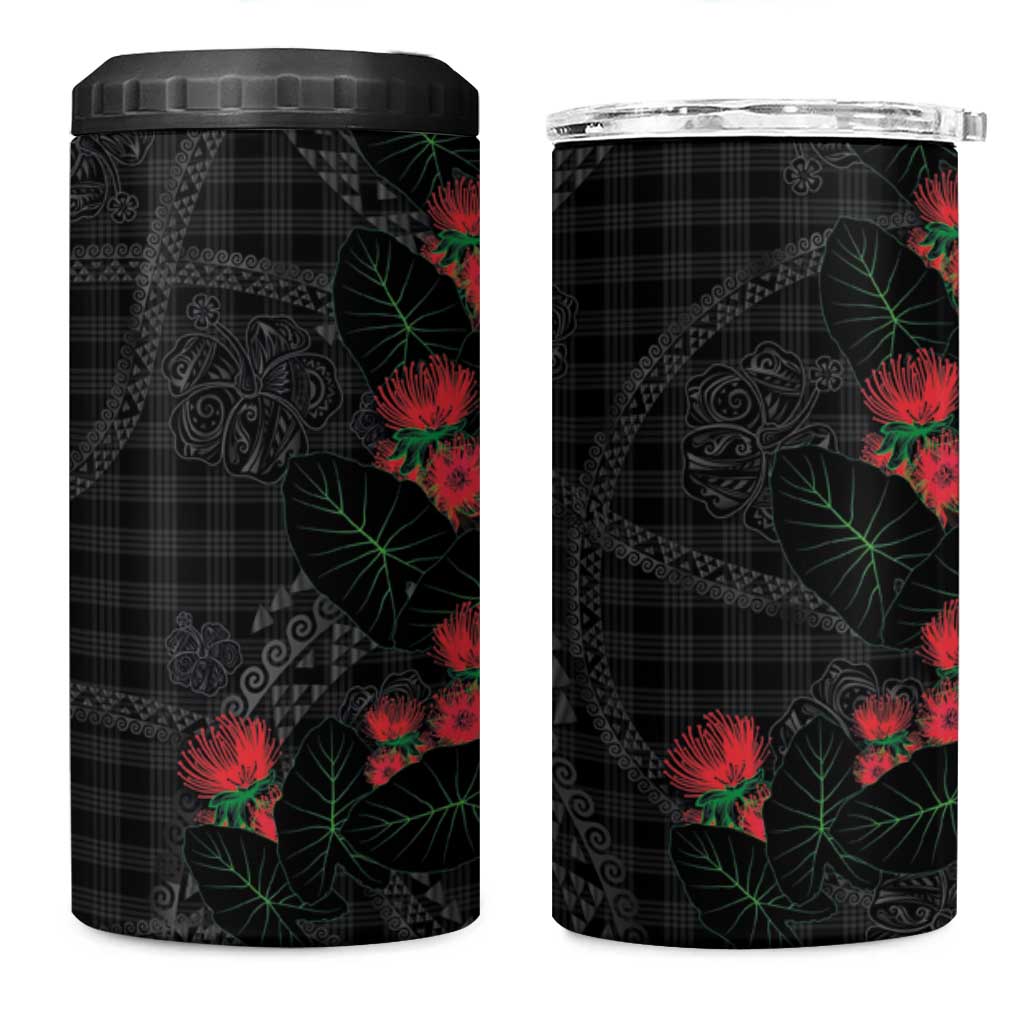 Hawaiian Kakau Art 4 in 1 Can Cooler Tumbler Taro Leaves with Ohia Lehua and Pakala Pattern LT03 One Size: 16 oz Black - Polynesian Pride