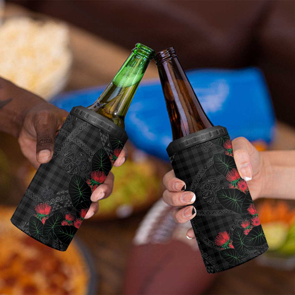 Hawaiian Kakau Art 4 in 1 Can Cooler Tumbler Taro Leaves with Ohia Lehua and Pakala Pattern LT03 - Polynesian Pride