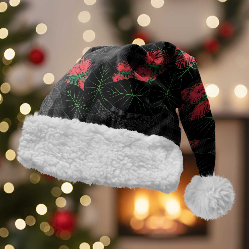 Hawaiian Kakau Art Christmas Santa Hat Taro Leaves with Ohia Lehua and Pakala Pattern LT03 With Fur Black - Polynesian Pride