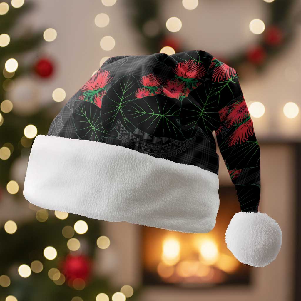 Hawaiian Kakau Art Christmas Santa Hat Taro Leaves with Ohia Lehua and Pakala Pattern LT03 Without Fur Black - Polynesian Pride