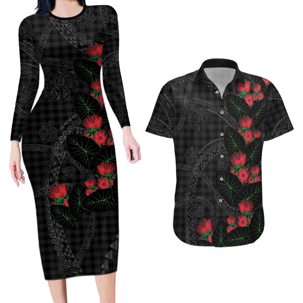 Hawaiian Kakau Art Couples Matching Long Sleeve Bodycon Dress and Hawaiian Shirt Taro Leaves with Ohia Lehua and Pakala Pattern - Polynesian Pride