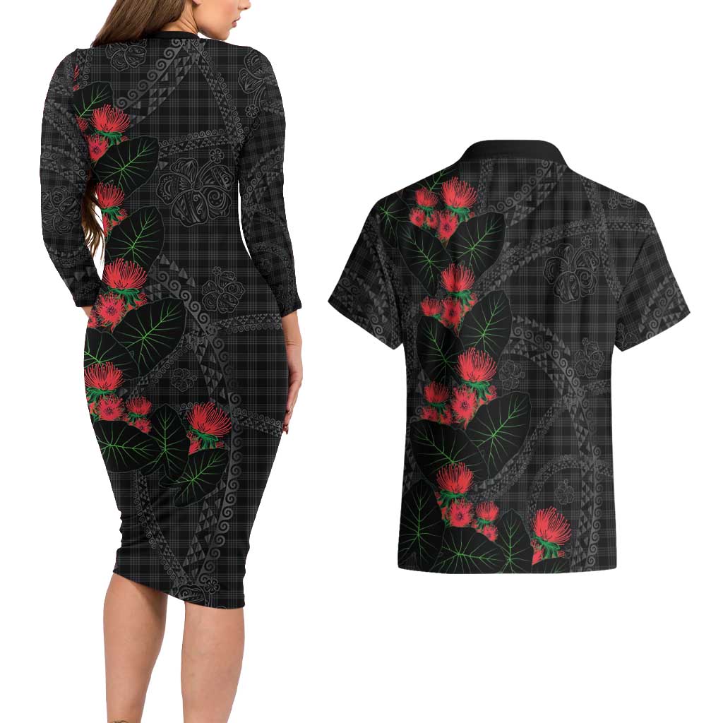 Hawaiian Kakau Art Couples Matching Long Sleeve Bodycon Dress and Hawaiian Shirt Taro Leaves with Ohia Lehua and Pakala Pattern - Polynesian Pride