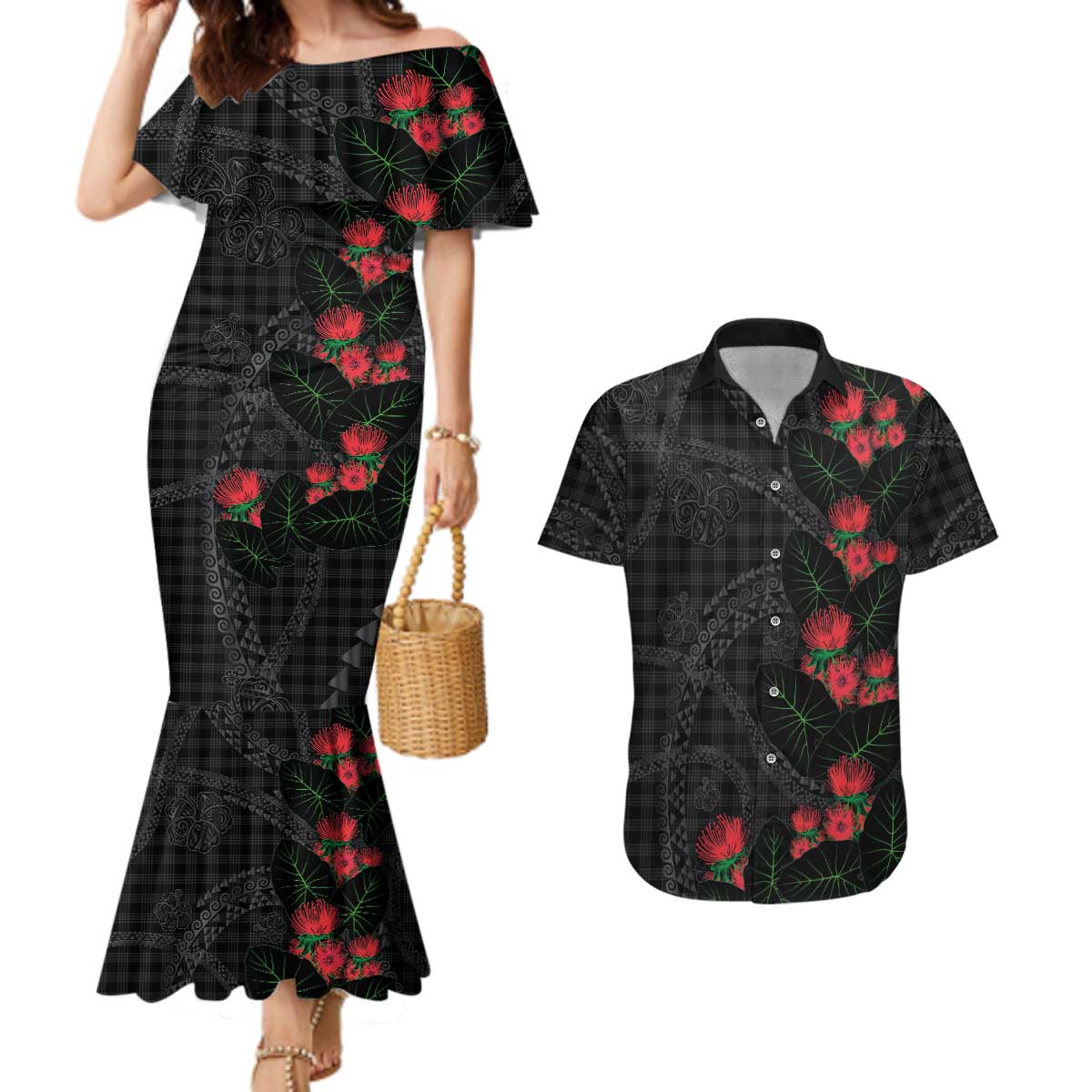 Hawaiian Kakau Art Couples Matching Mermaid Dress and Hawaiian Shirt Taro Leaves with Ohia Lehua and Pakala Pattern - Polynesian Pride