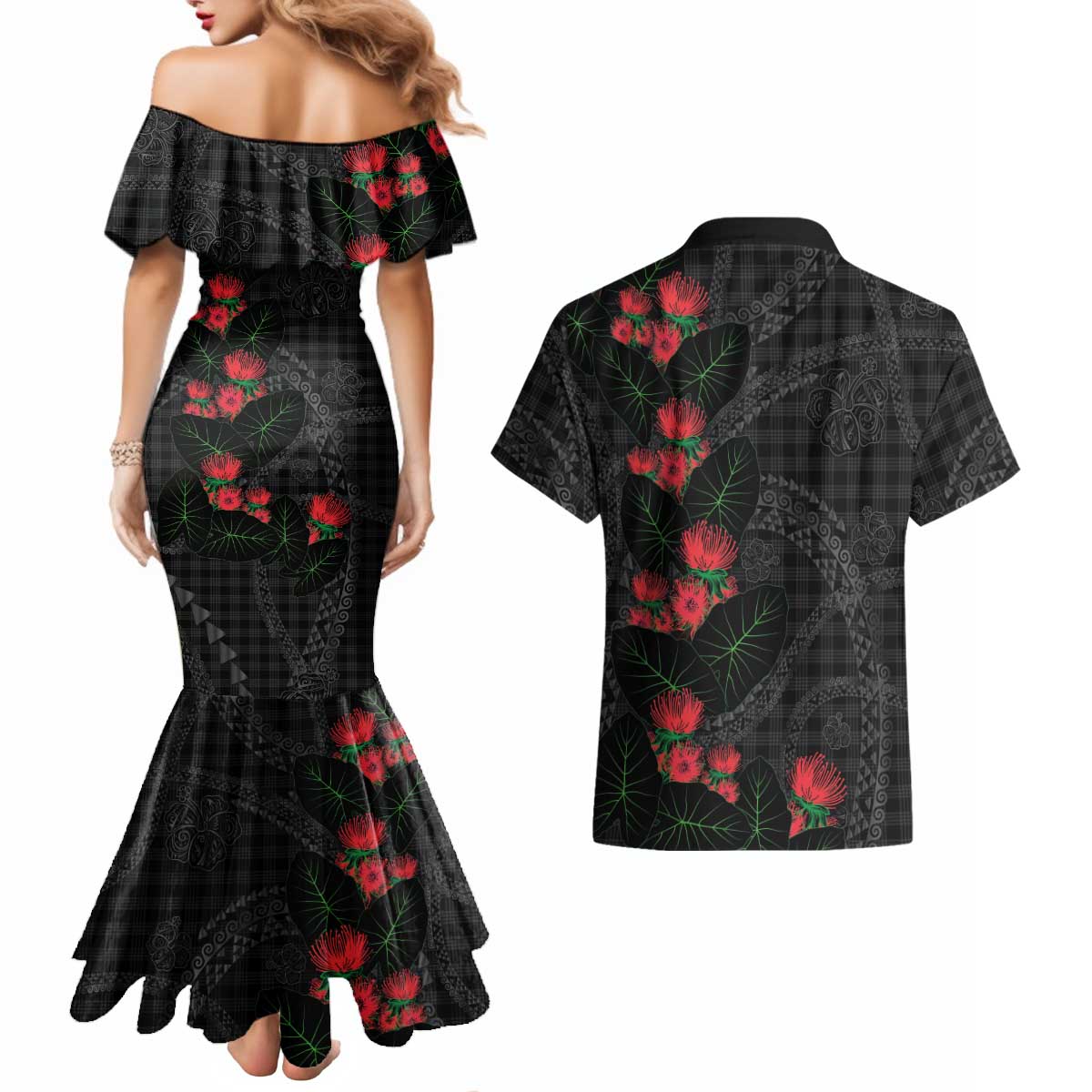 Hawaiian Kakau Art Couples Matching Mermaid Dress and Hawaiian Shirt Taro Leaves with Ohia Lehua and Pakala Pattern - Polynesian Pride